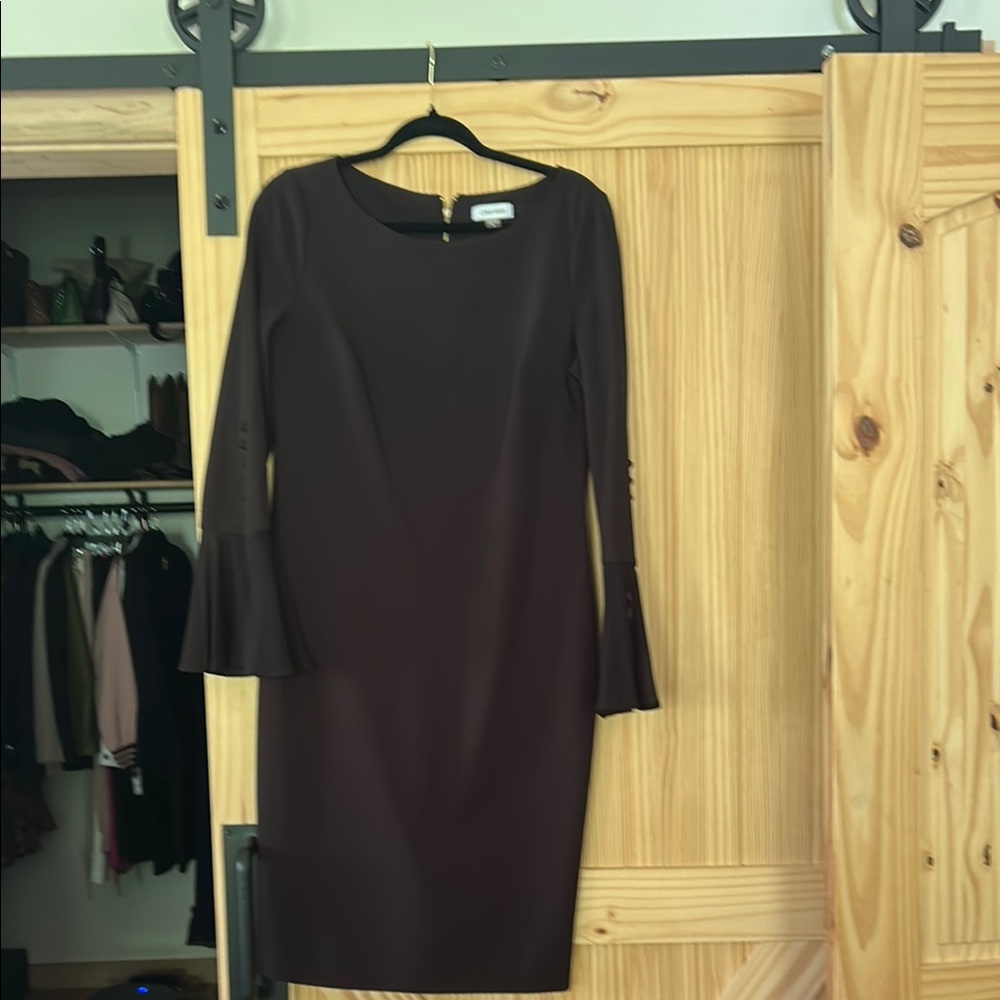 Calvin Klein Collection Brown Sheath Dress with Bell Sleeves